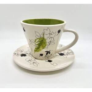 Starbucks 2007 Cup And Saucer 10 oz Autumn Leaves Green Interior Coffee Mug Tea